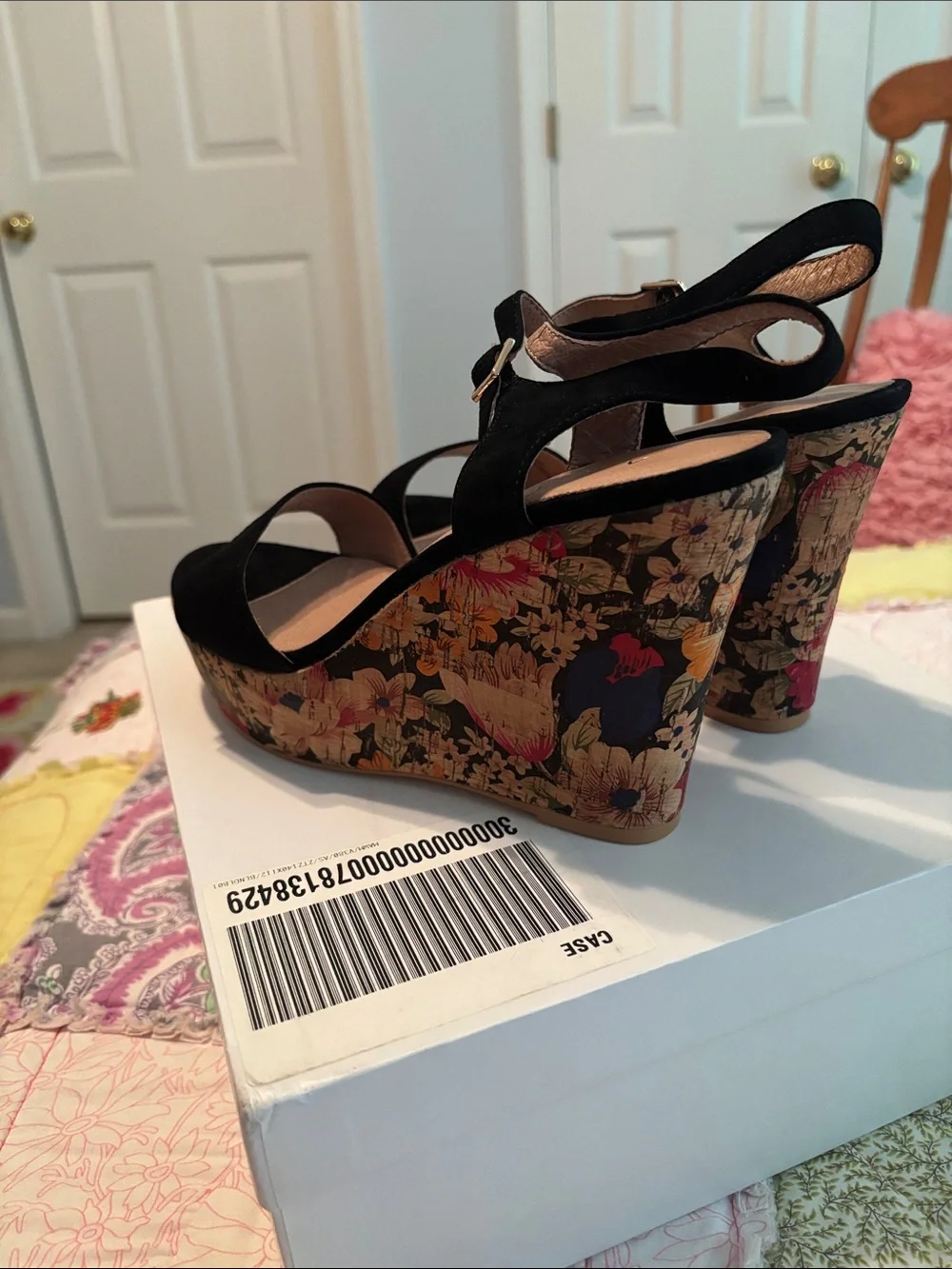 Anthropologie Black Suede Floral Cork-Style Platform Wedge Sandals
